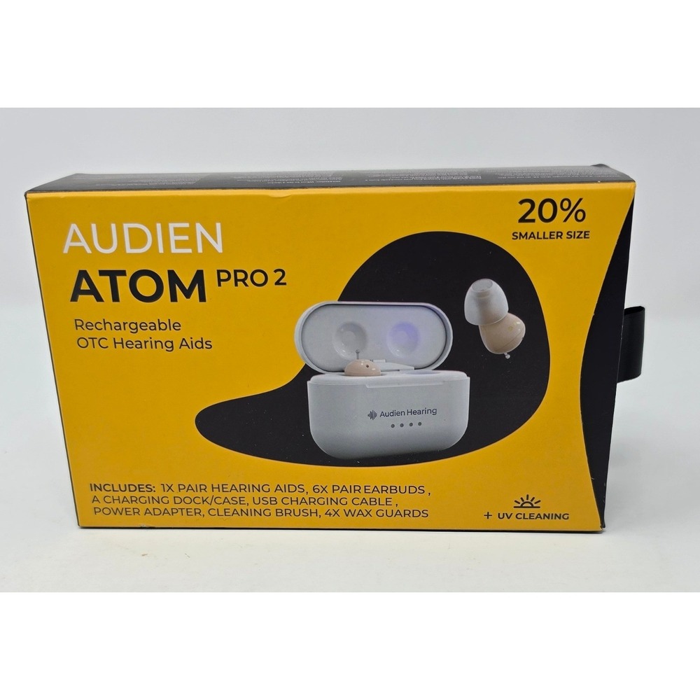 Audien Atom Pro 2 Rechargeable OTC Hearing Aids with UV Cleaning Case Open Box